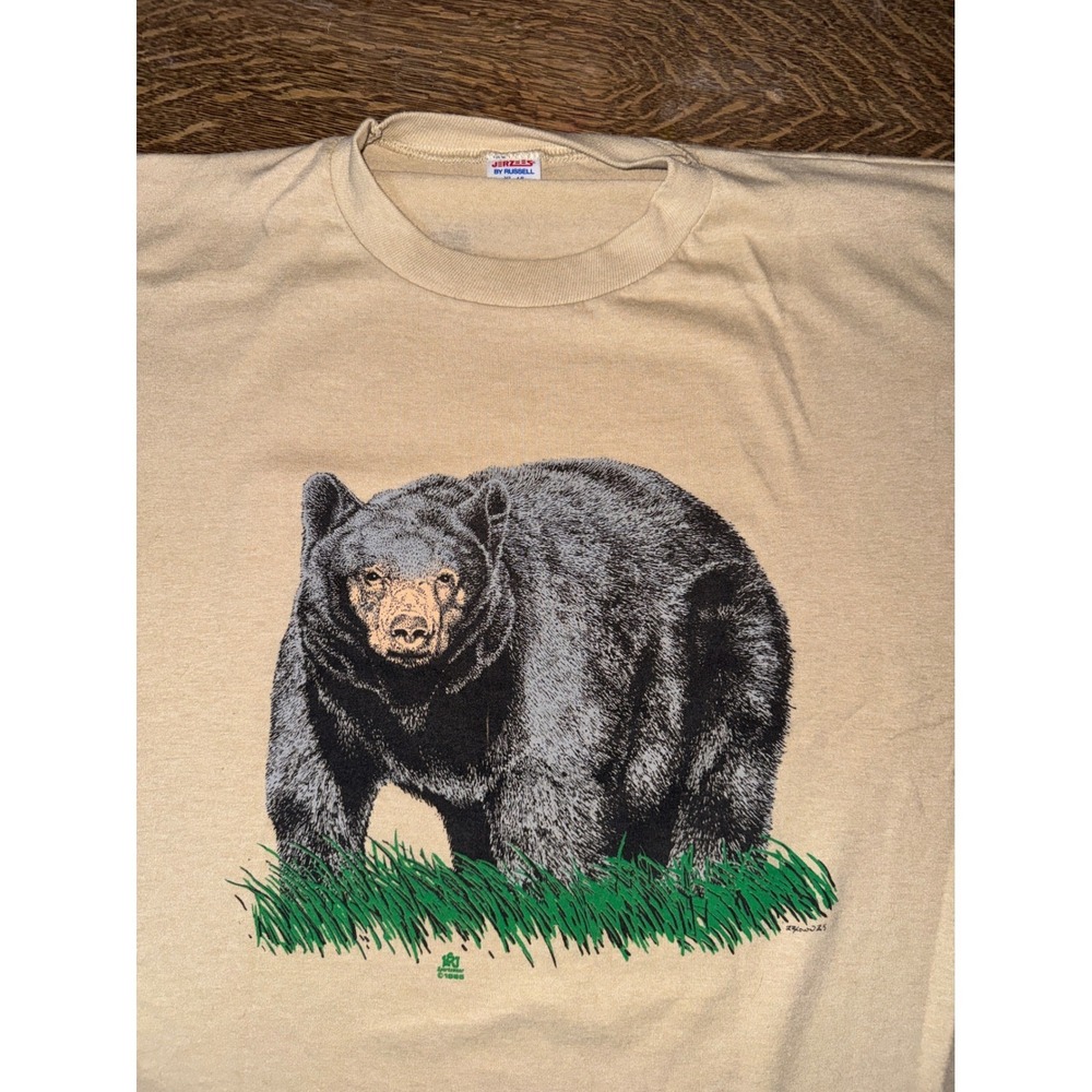 Vintage 1985 Black Bear T-Shirt XL Double Sided Nature Jerzees 50/50 USA Tan - Picture 2 of 11
